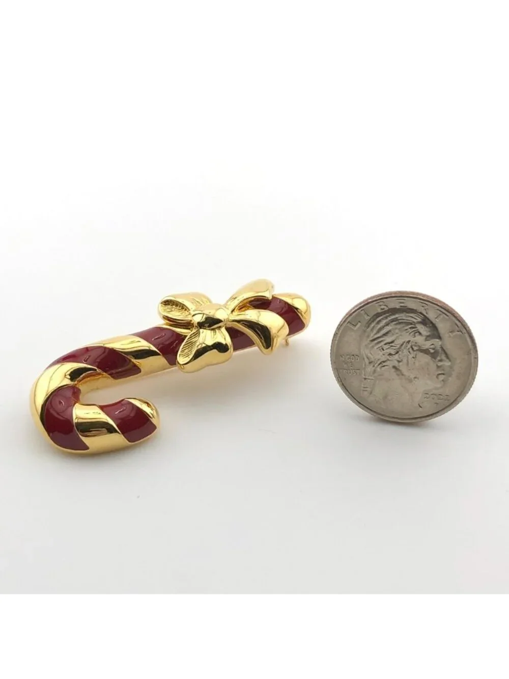 Napier Candy Cane Christmas Pin Brooch Gold Tone Red Enamel Bow Signed Vintage